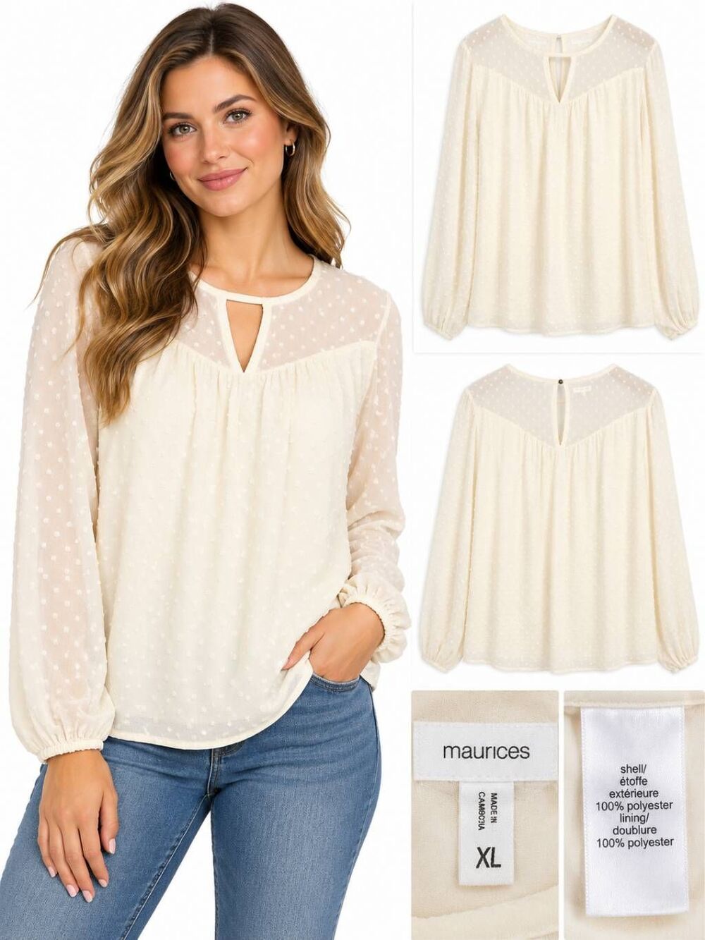 Maurices XL Ivory Swiss Dot Sheer Yoke Long Sleeve Blouse